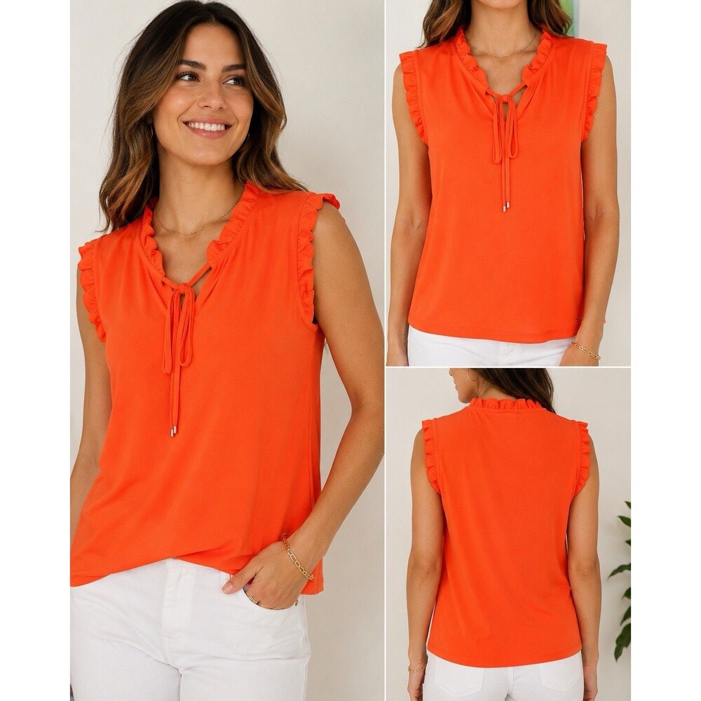 Tommy Hilfiger Neon Coral Ruffle Sleeveless Tie Neck Blouse Medium